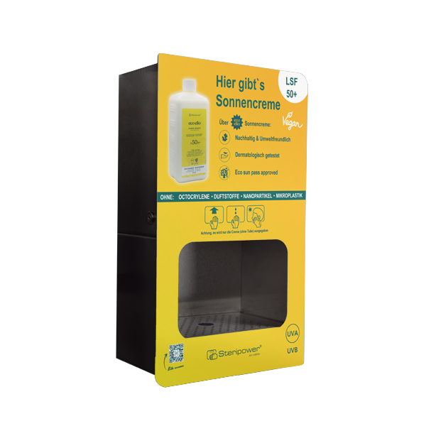 Ein Steripower CNS sun edition Sonnencremespender aus Metall mit bunter Abdeckung