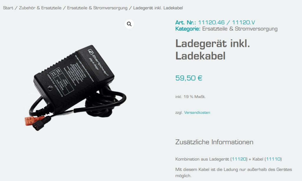 Shopinformationen Ladegerät inkl. Ladekabel