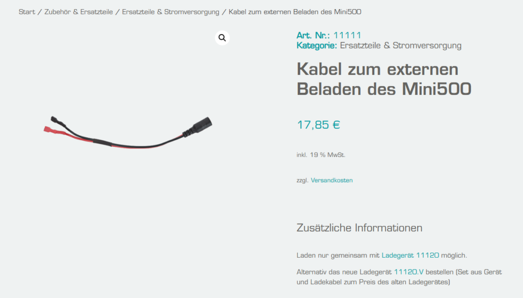 Shopinformationen Kabel zum externen Beladen des Mini500