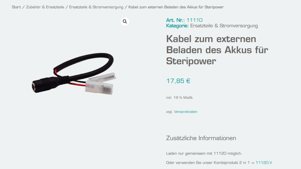 Shopinformationen Kabel zum externen Beladen des Akkus