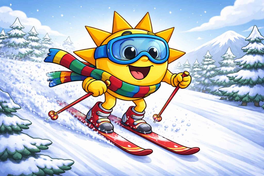 Steripower Maskottchen Sunny die Sonnencreme Sonne fährt Ski