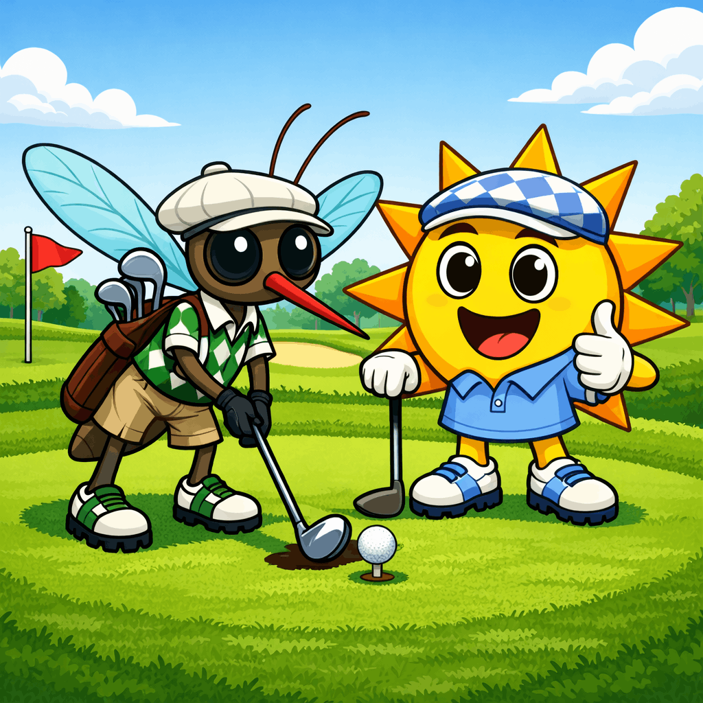Mücke und Steripower Maskottchen Sunny die Sonnencreme Sonnespielen Golf.